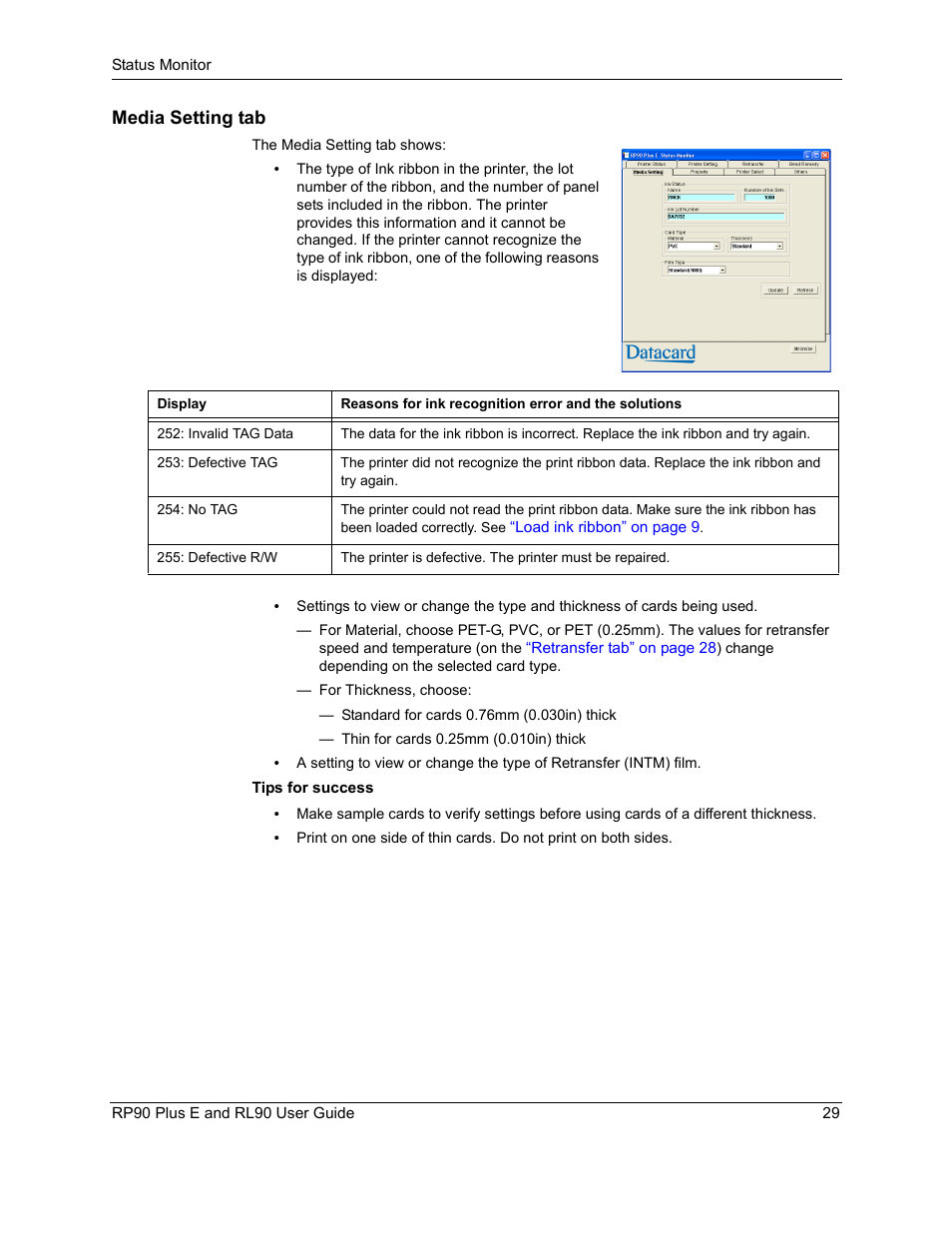 Media setting tab | Datacard Group RL90 User Manual | Page 35 / 89