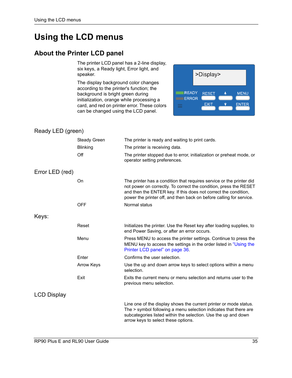 Using the lcd menus, About the printer lcd panel | Datacard Group RL90 User Manual | Page 41 / 89