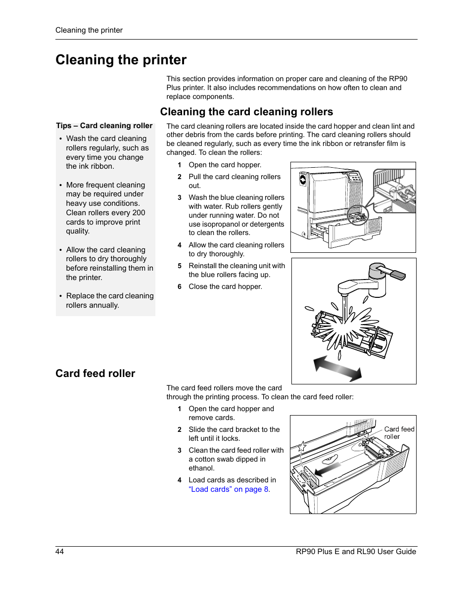 Cleaning the printer, Cleaning the card cleaning rollers, Card feed roller | Datacard Group RL90 User Manual | Page 50 / 89