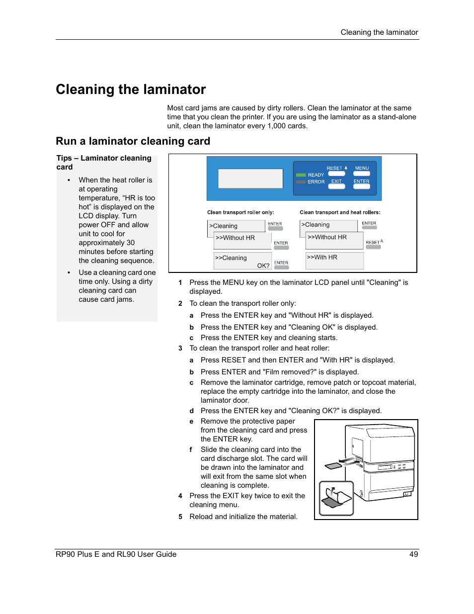 Cleaning the laminator, Run a laminator cleaning card | Datacard Group RL90 User Manual | Page 55 / 89