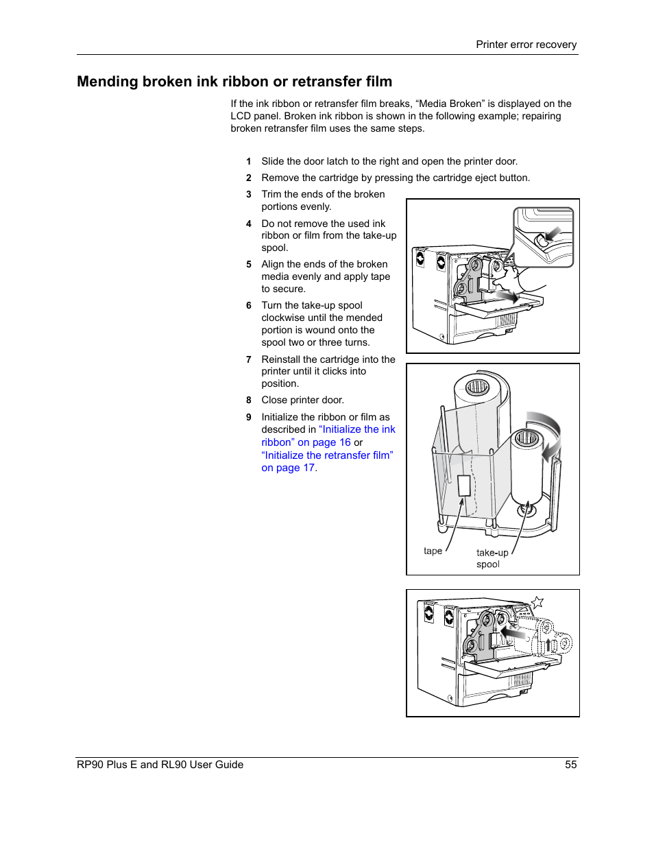 Mending broken ink ribbon or retransfer film, Mending | Datacard Group RL90 User Manual | Page 61 / 89