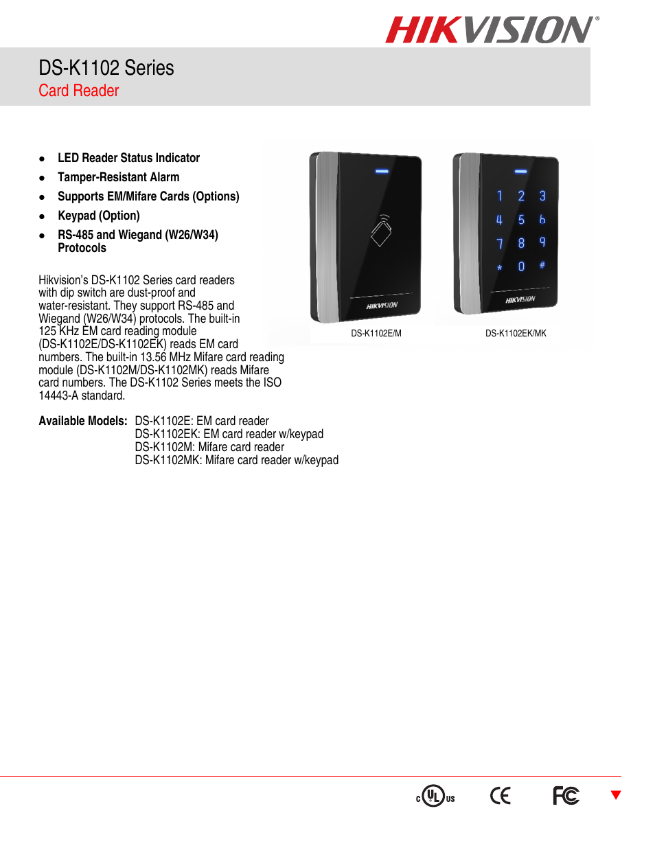 Hikvision DS-K1102AM Card Reader User Manual | 2 pages