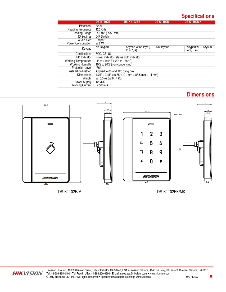 Specifications, Dimensions | Hikvision DS-K1102AM Card Reader User Manual | Page 2 / 2