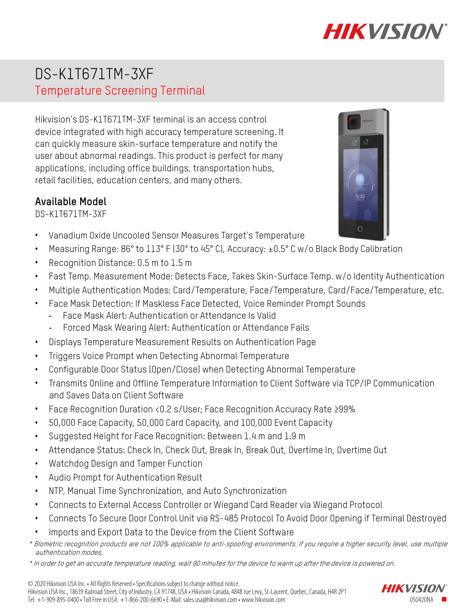 Hikvision DS-K1T671TM-3XF Temperature Screening Terminal User Manual | 3 pages