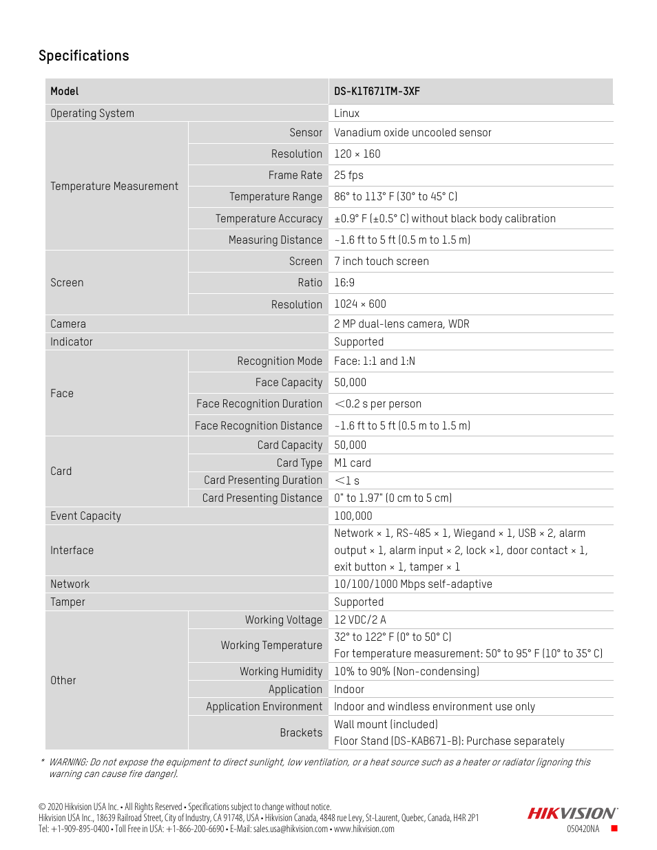 Specifications | Hikvision DS-K1T671TM-3XF Temperature Screening Terminal User Manual | Page 2 / 3
