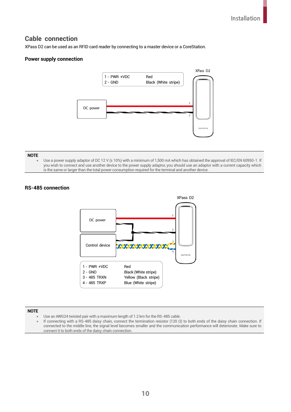 Cable connection, Power supply connection, Rs-485 connection | Installation | Suprema XPass D2 Outdoor Compact RFID Reader User Manual | Page 10 / 16