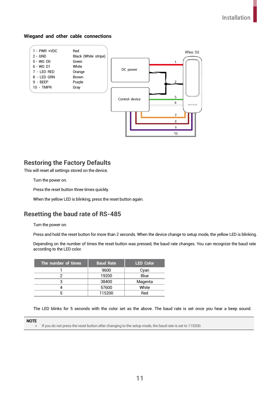 Wiegand and other cable connections, Restoring the factory defaults, Resetting the baud rate of rs-485 | Installation | Suprema XPass D2 Outdoor Compact RFID Reader User Manual | Page 11 / 16
