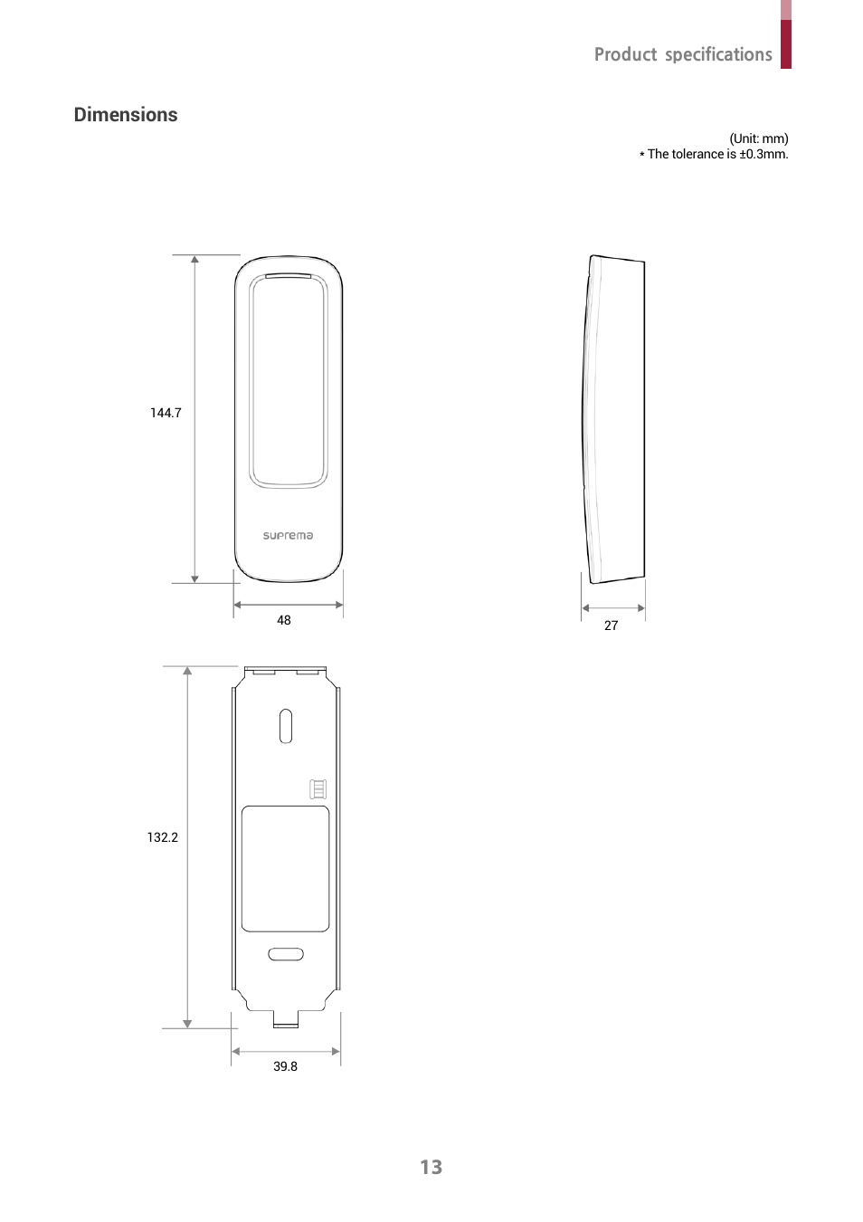 Dimensions | Suprema XPass D2 Outdoor Compact RFID Reader User Manual | Page 13 / 16