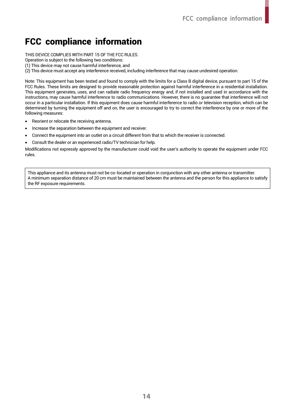 Fcc compliance information | Suprema XPass D2 Outdoor Compact RFID Reader User Manual | Page 14 / 16