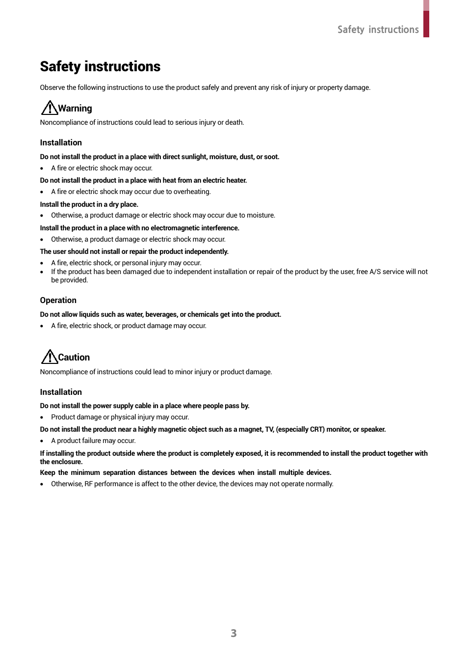 Safety instructions, Warning, Caution | Suprema XPass D2 Outdoor Compact RFID Reader User Manual | Page 3 / 16