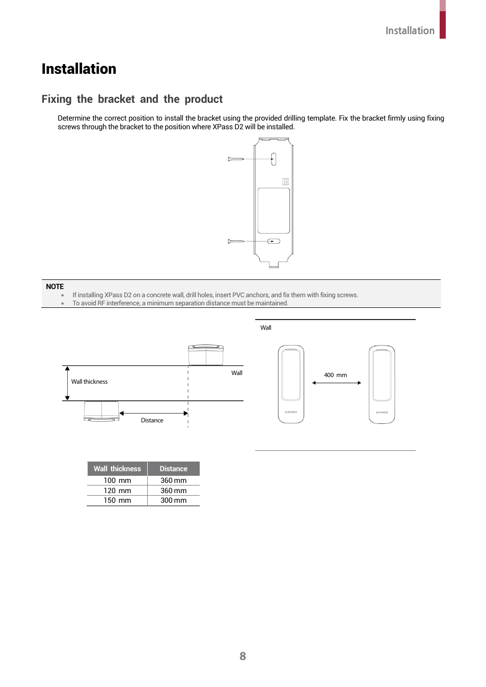 Installation, Fixing the bracket and the product | Suprema XPass D2 Outdoor Compact RFID Reader User Manual | Page 8 / 16