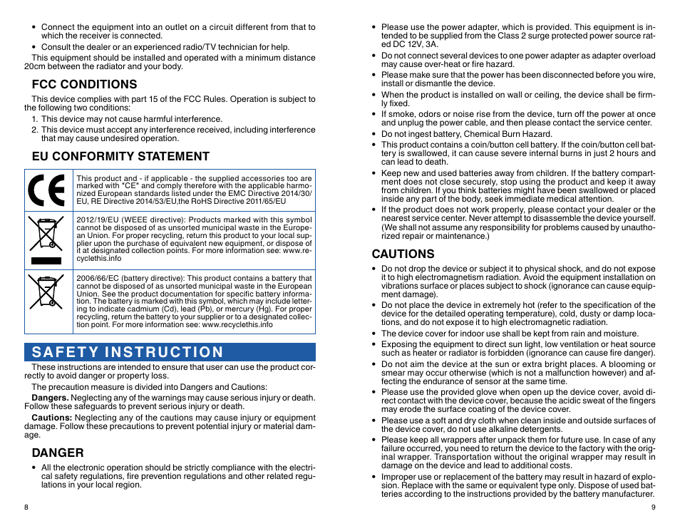 Fcc conditions, Eu conformity statement, Danger | Cautions | ATN TITEW1000 Thermal Entry Wizard Access Control Station with Table Stand Mount User Manual | Page 5 / 56
