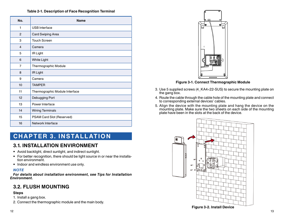 Installation environment, Flush mounting | ATN TITEW1000 Thermal Entry Wizard Access Control Station with Table Stand Mount User Manual | Page 7 / 56