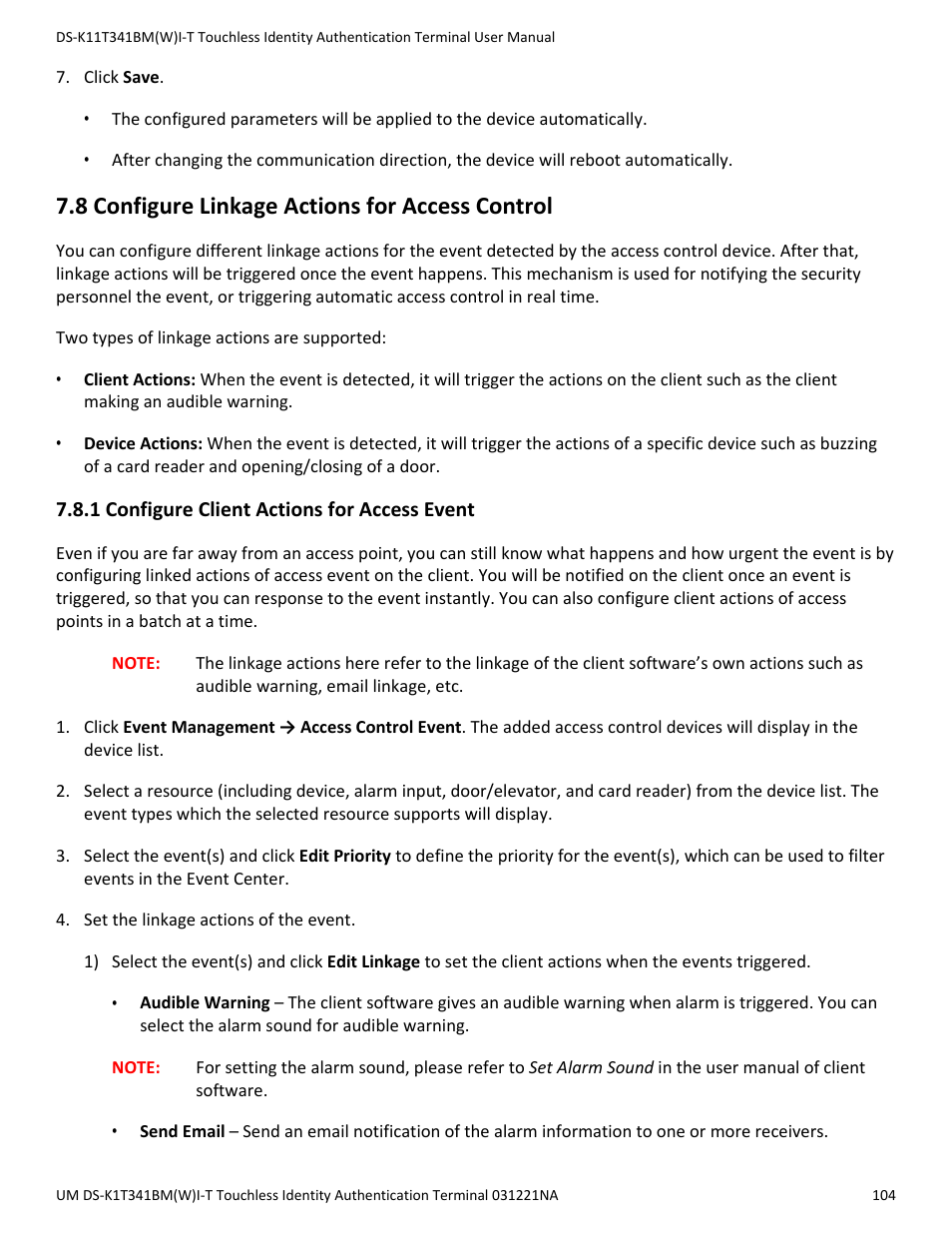 8 configure linkage actions for access control, 1 configure client actions for access event | Hikvision DS-K1T341BMWI-T Touchless Identity Authentication Terminal User Manual | Page 104 / 141