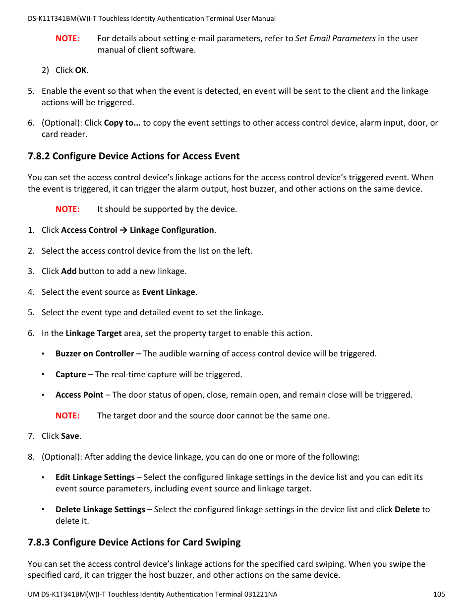 2 configure device actions for access event, 3 configure device actions for card swiping | Hikvision DS-K1T341BMWI-T Touchless Identity Authentication Terminal User Manual | Page 105 / 141