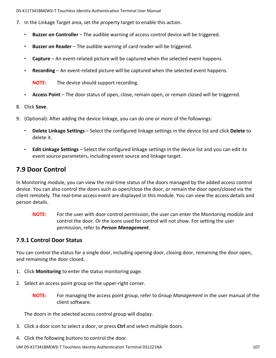 9 door control, 1 control door status | Hikvision DS-K1T341BMWI-T Touchless Identity Authentication Terminal User Manual | Page 107 / 141