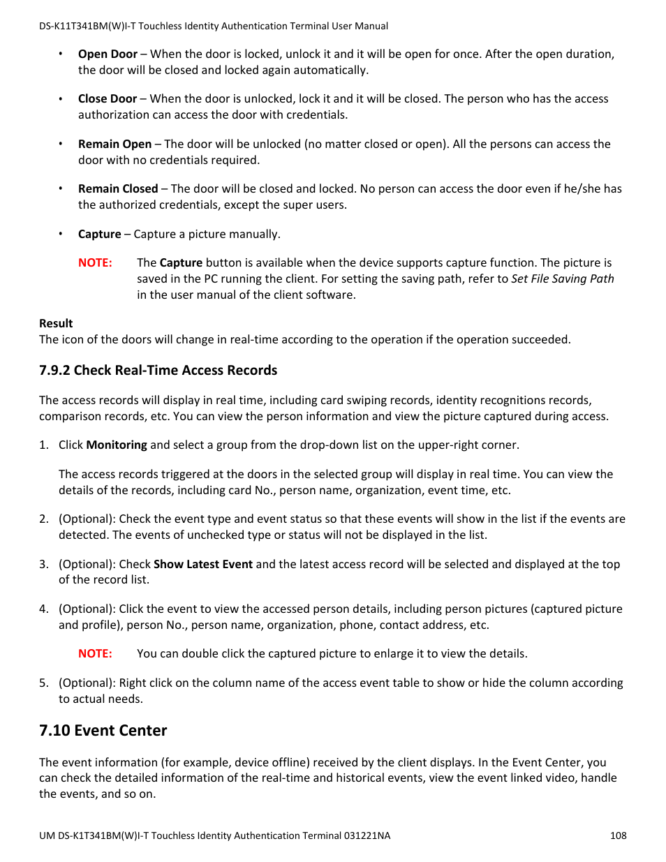 2 check real-time access records, 10 event center | Hikvision DS-K1T341BMWI-T Touchless Identity Authentication Terminal User Manual | Page 108 / 141