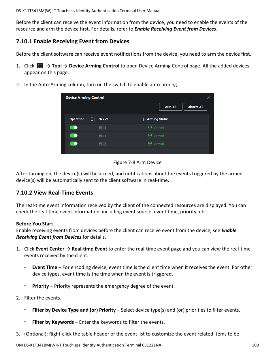 1 enable receiving event from devices, 2 view real-time events | Hikvision DS-K1T341BMWI-T Touchless Identity Authentication Terminal User Manual | Page 109 / 141