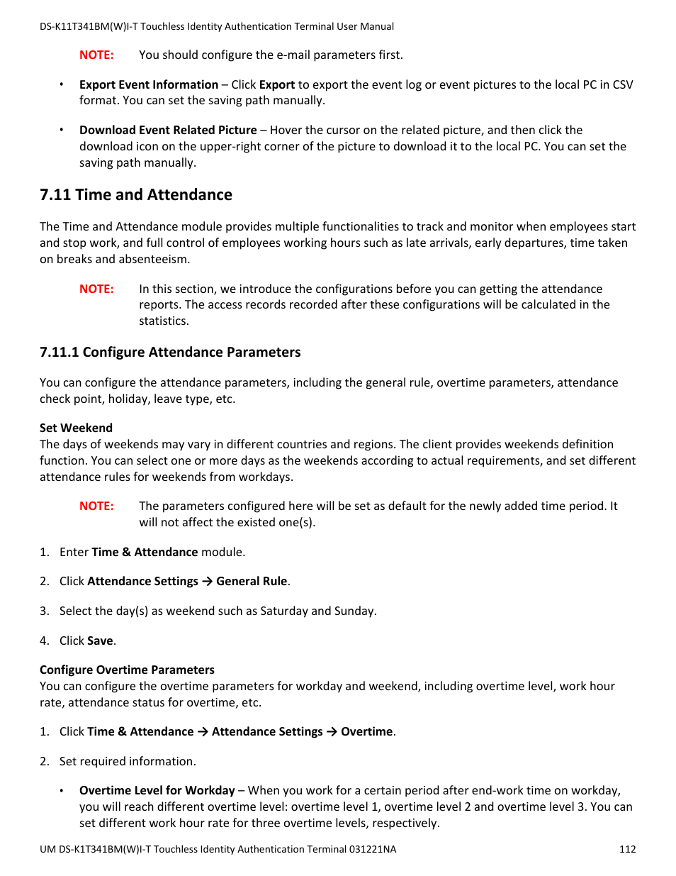 11 time and attendance, 1 configure attendance parameters | Hikvision DS-K1T341BMWI-T Touchless Identity Authentication Terminal User Manual | Page 112 / 141