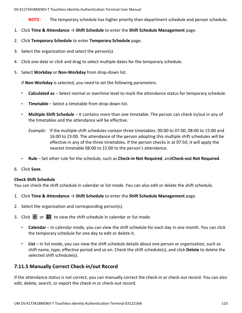 5 manually correct check-in/out record | Hikvision DS-K1T341BMWI-T Touchless Identity Authentication Terminal User Manual | Page 123 / 141