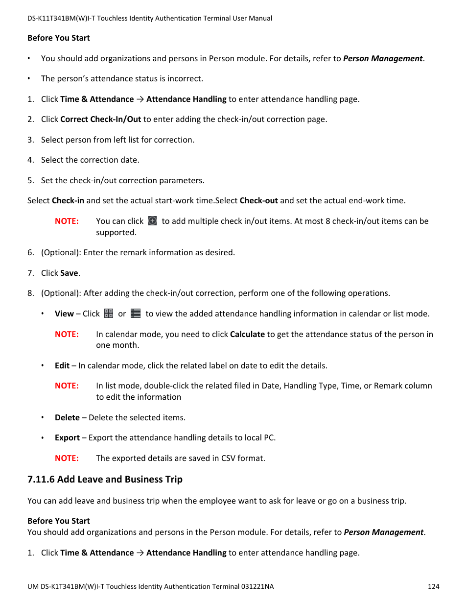 6 add leave and business trip | Hikvision DS-K1T341BMWI-T Touchless Identity Authentication Terminal User Manual | Page 124 / 141