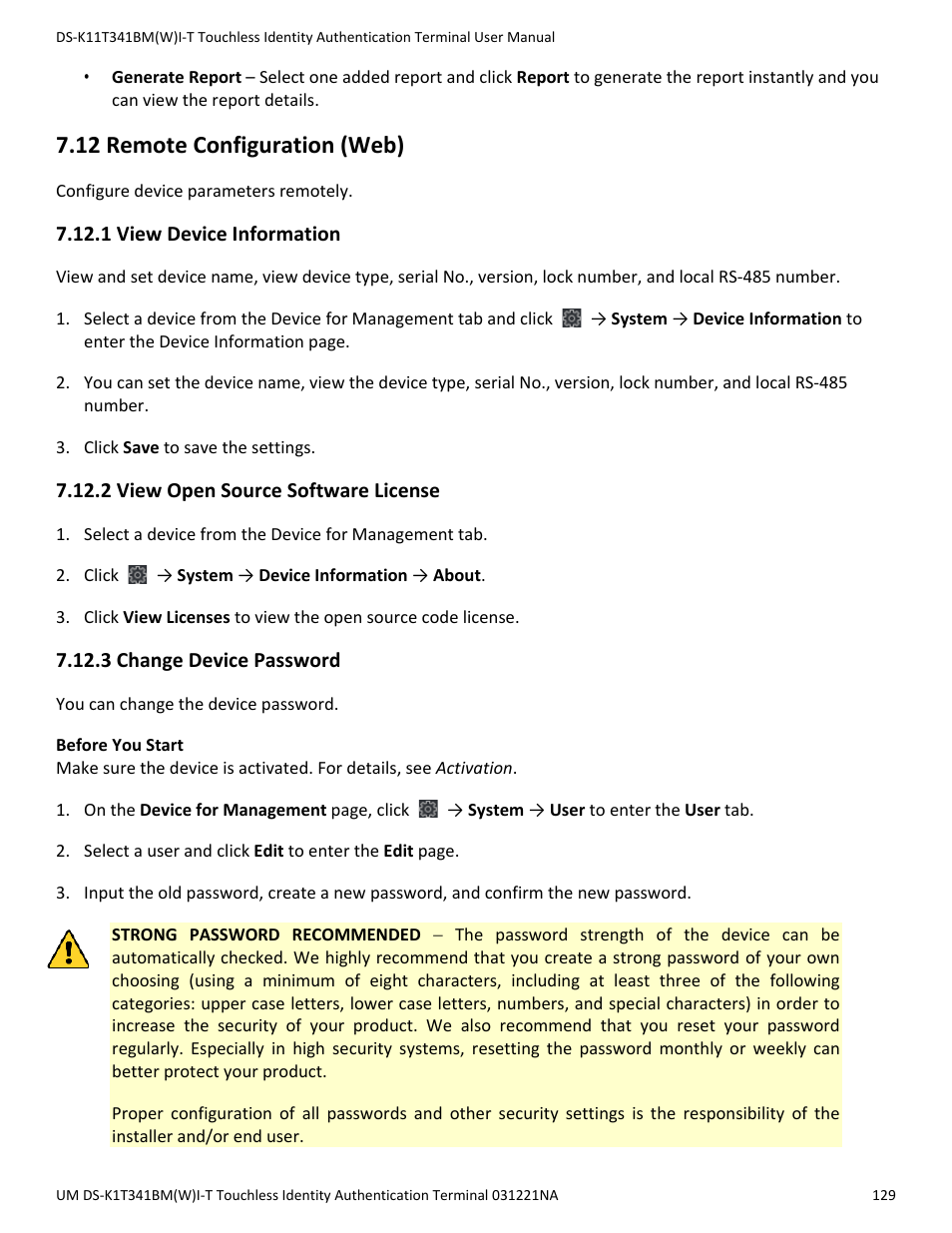 12 remote configuration (web), 1 view device information, 2 view open source software license | 3 change device password | Hikvision DS-K1T341BMWI-T Touchless Identity Authentication Terminal User Manual | Page 129 / 141