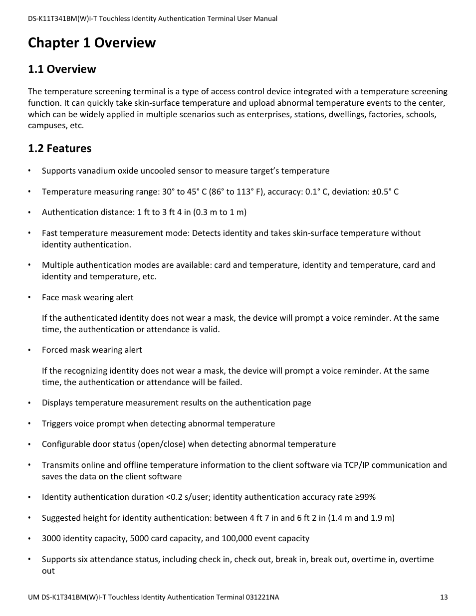 Chapter 1 overview, 1 overview, 2 features | Hikvision DS-K1T341BMWI-T Touchless Identity Authentication Terminal User Manual | Page 13 / 141