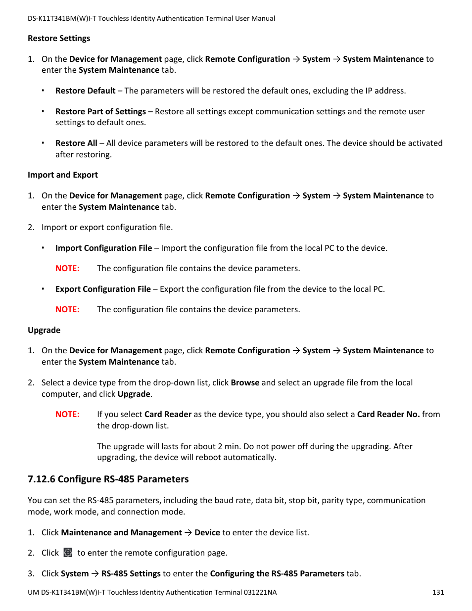 6 configure rs-485 parameters | Hikvision DS-K1T341BMWI-T Touchless Identity Authentication Terminal User Manual | Page 131 / 141