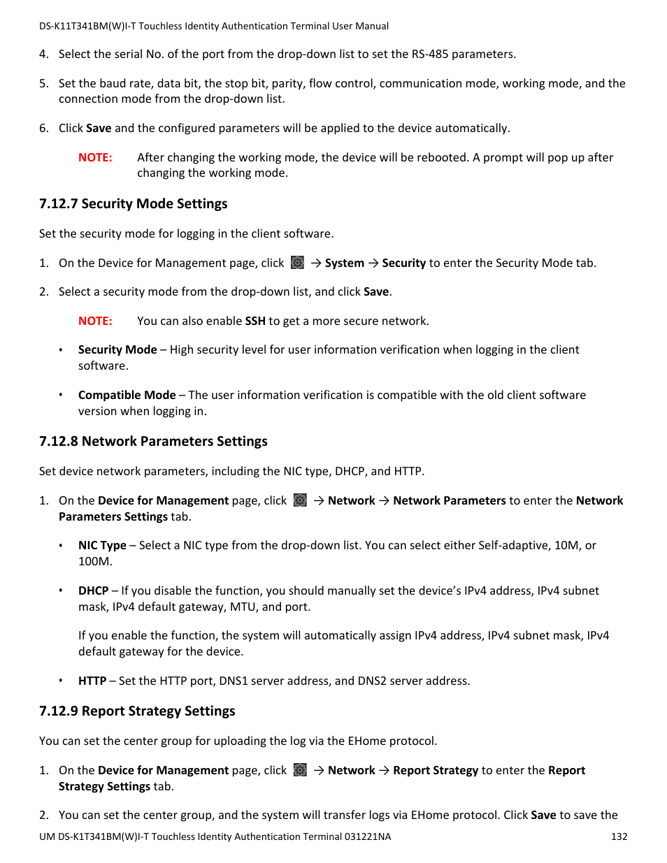 7 security mode settings, 8 network parameters settings, 9 report strategy settings | Hikvision DS-K1T341BMWI-T Touchless Identity Authentication Terminal User Manual | Page 132 / 141