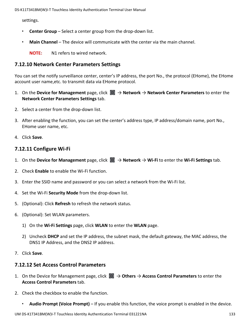 10 network center parameters settings, 11 configure wi-fi, 12 set access control parameters | Hikvision DS-K1T341BMWI-T Touchless Identity Authentication Terminal User Manual | Page 133 / 141