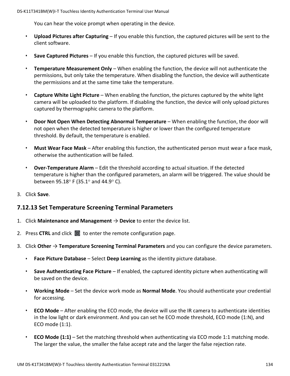 13 set temperature screening terminal parameters | Hikvision DS-K1T341BMWI-T Touchless Identity Authentication Terminal User Manual | Page 134 / 141