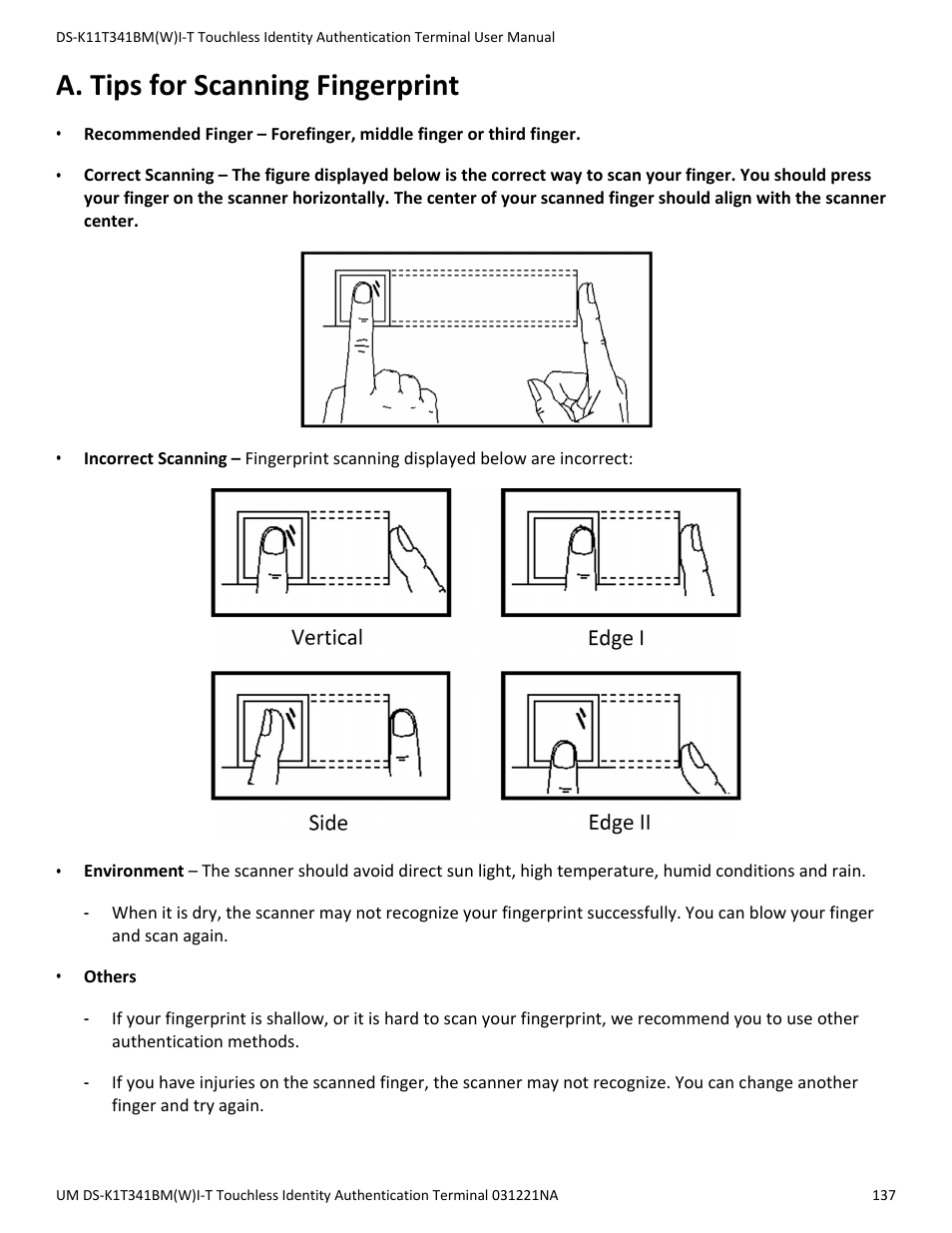 A. tips for scanning fingerprint | Hikvision DS-K1T341BMWI-T Touchless Identity Authentication Terminal User Manual | Page 137 / 141