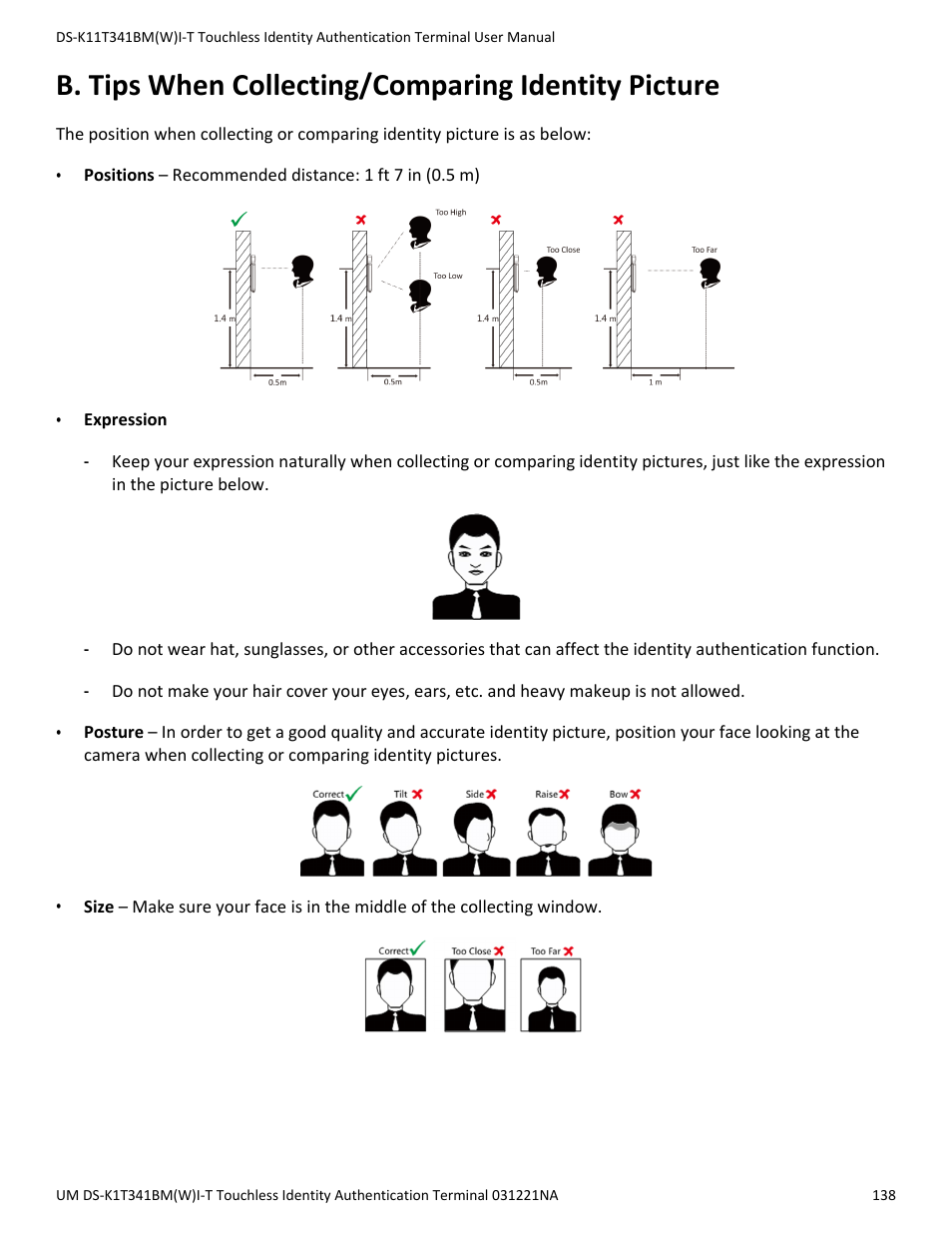 B. tips when collecting/comparing identity picture | Hikvision DS-K1T341BMWI-T Touchless Identity Authentication Terminal User Manual | Page 138 / 141