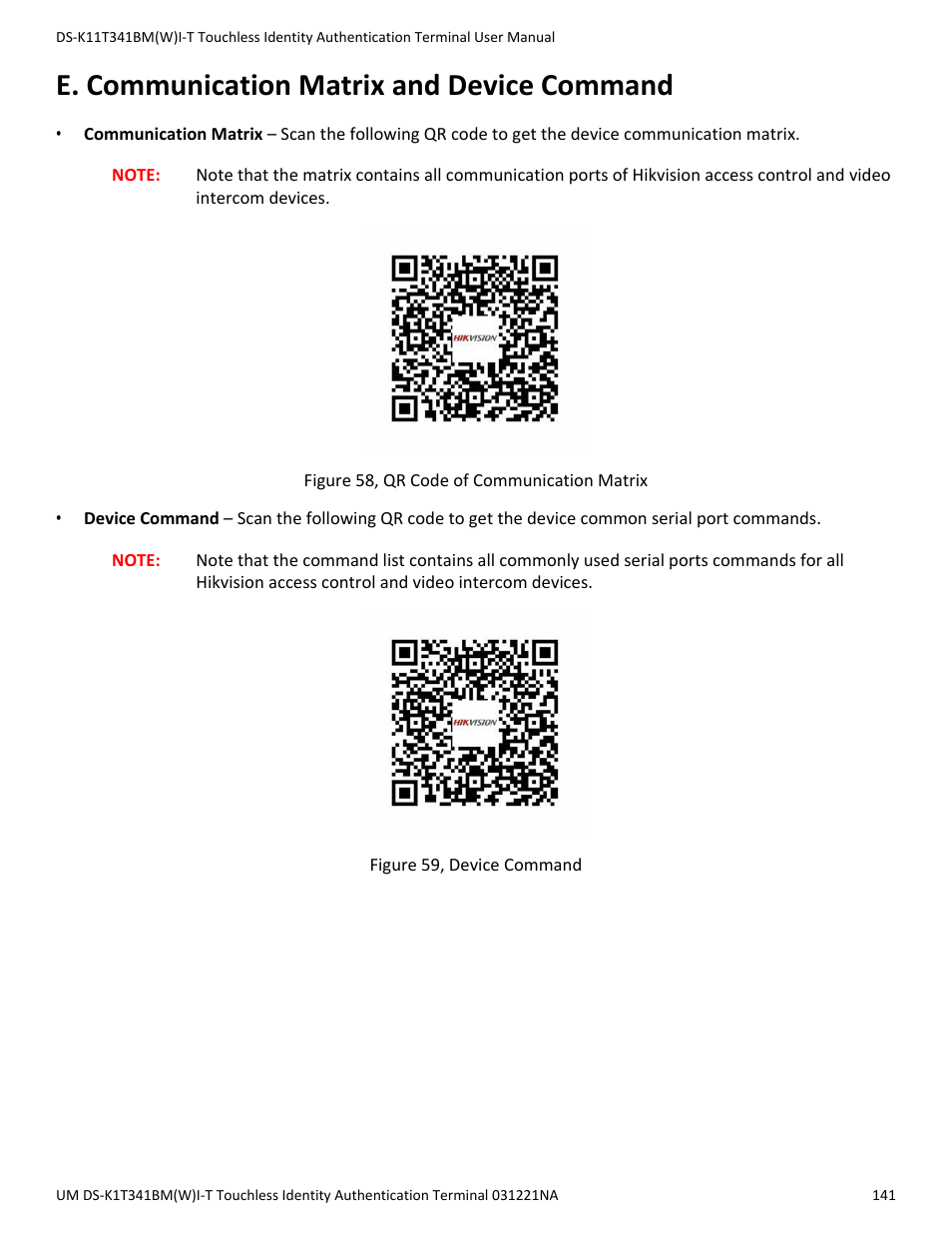 E. communication matrix and device command | Hikvision DS-K1T341BMWI-T Touchless Identity Authentication Terminal User Manual | Page 141 / 141