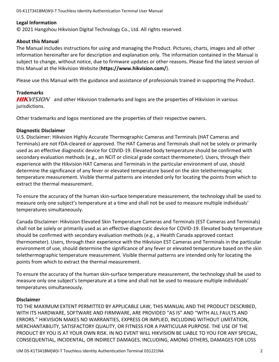 Hikvision DS-K1T341BMWI-T Touchless Identity Authentication Terminal User Manual | Page 2 / 141