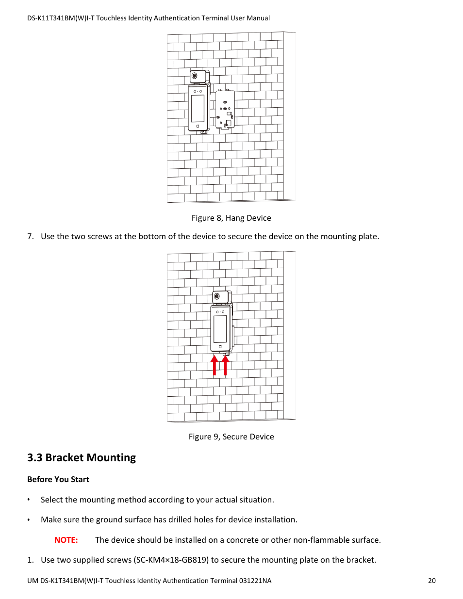 3 bracket mounting | Hikvision DS-K1T341BMWI-T Touchless Identity Authentication Terminal User Manual | Page 20 / 141