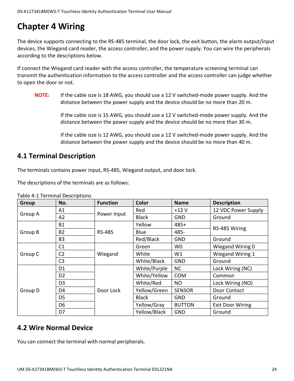 Chapter 4 wiring, 1 terminal description, 2 wire normal device | Hikvision DS-K1T341BMWI-T Touchless Identity Authentication Terminal User Manual | Page 24 / 141