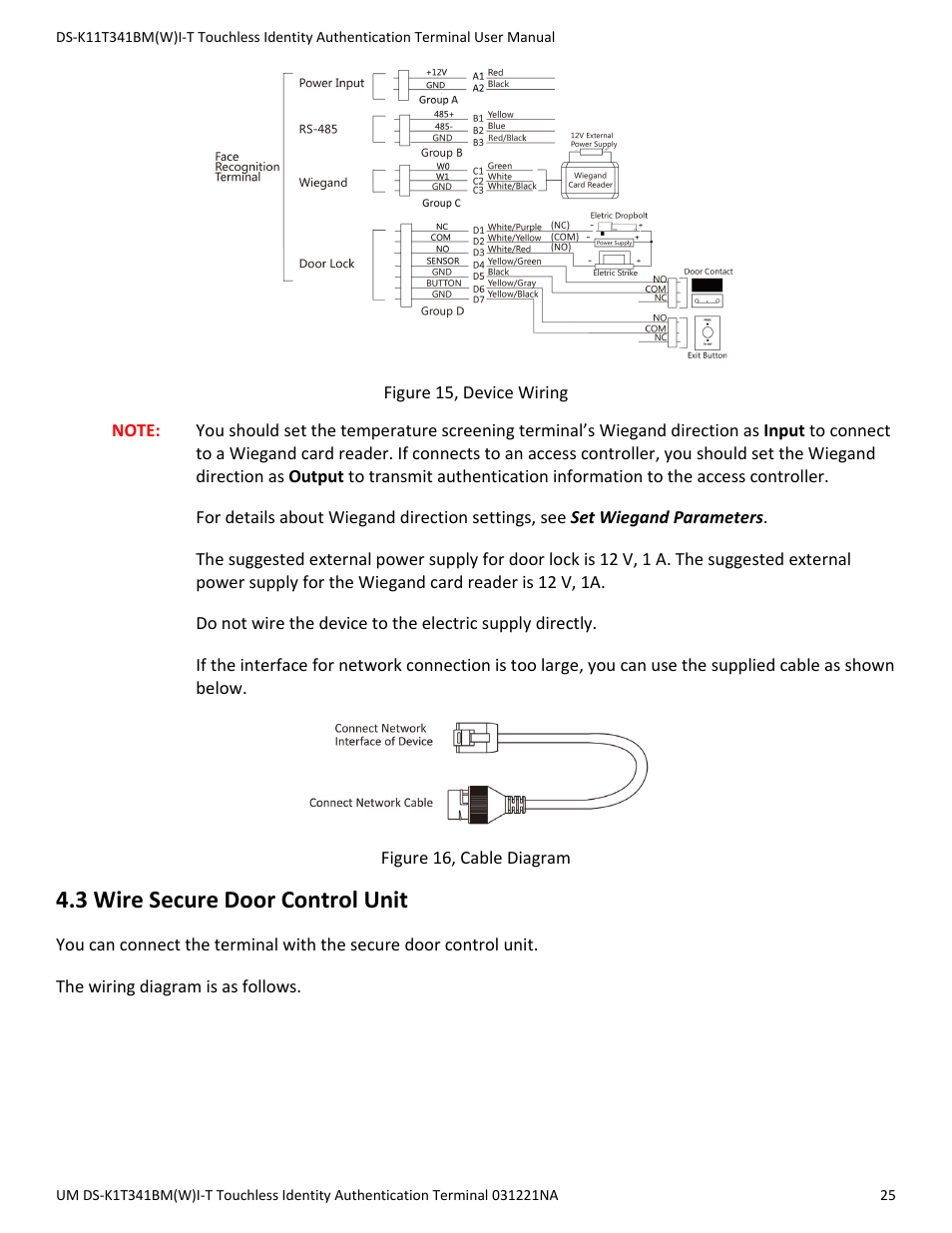 3 wire secure door control unit | Hikvision DS-K1T341BMWI-T Touchless Identity Authentication Terminal User Manual | Page 25 / 141