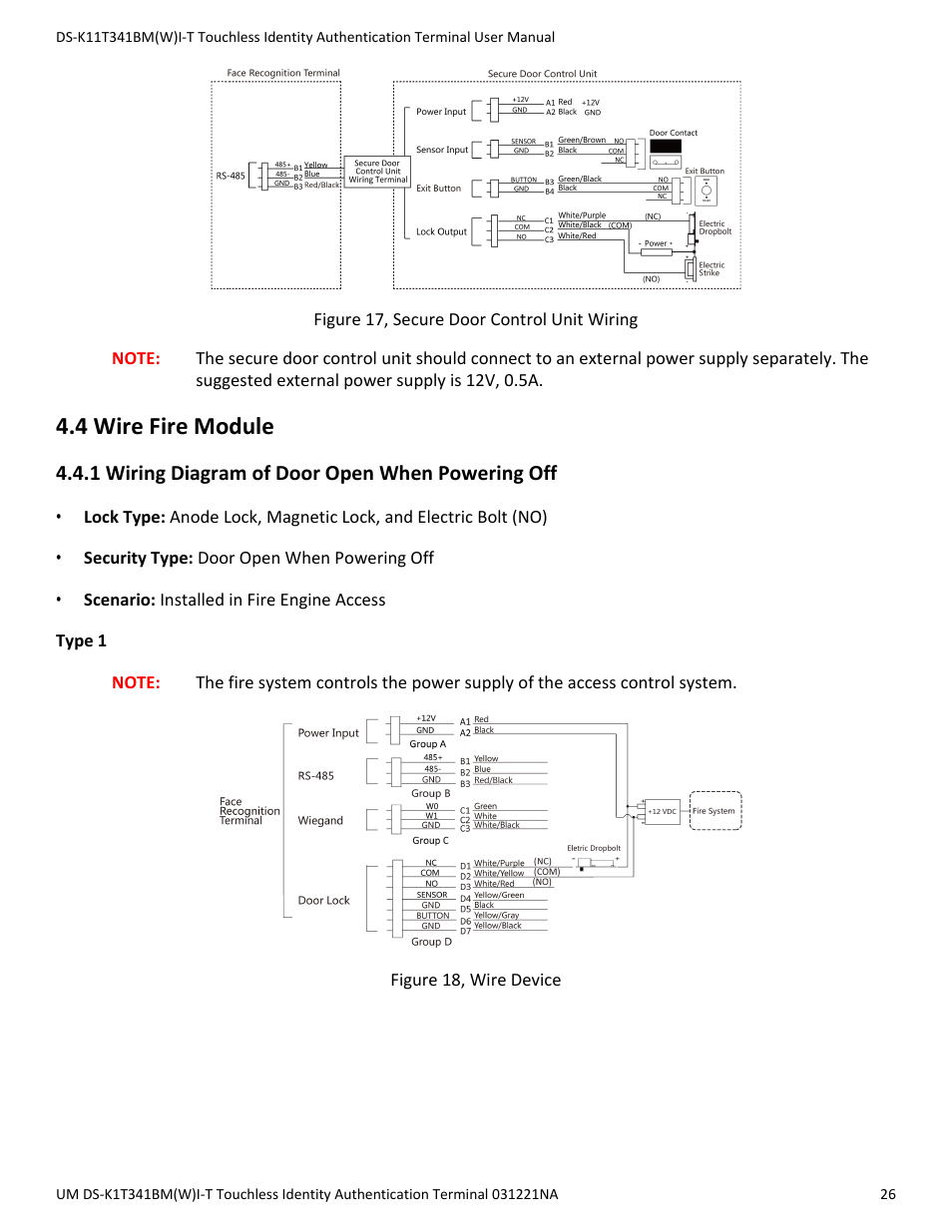 4 wire fire module, 1 wiring diagram of door open when powering off | Hikvision DS-K1T341BMWI-T Touchless Identity Authentication Terminal User Manual | Page 26 / 141