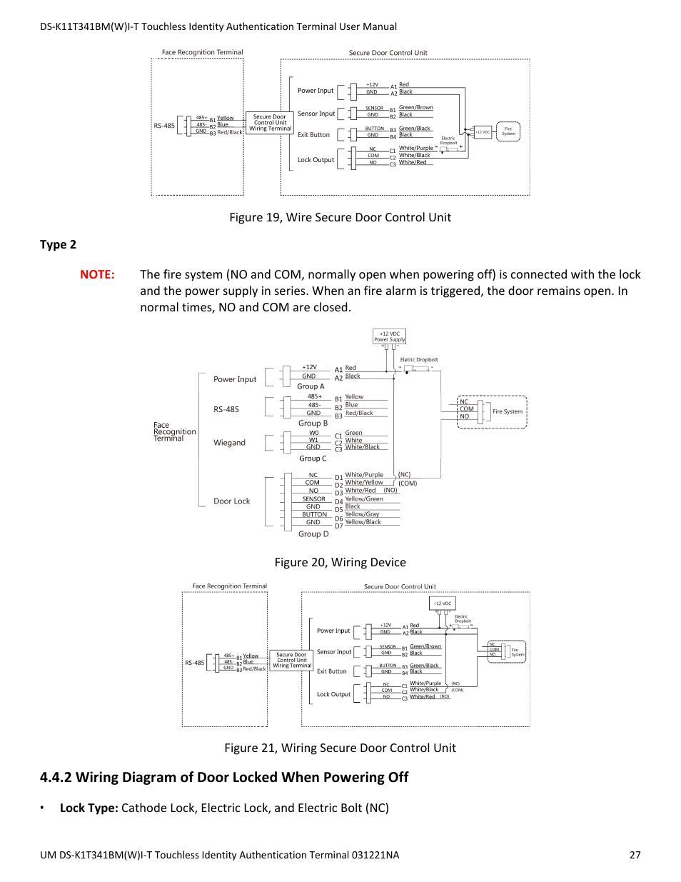 2 wiring diagram of door locked when powering off | Hikvision DS-K1T341BMWI-T Touchless Identity Authentication Terminal User Manual | Page 27 / 141