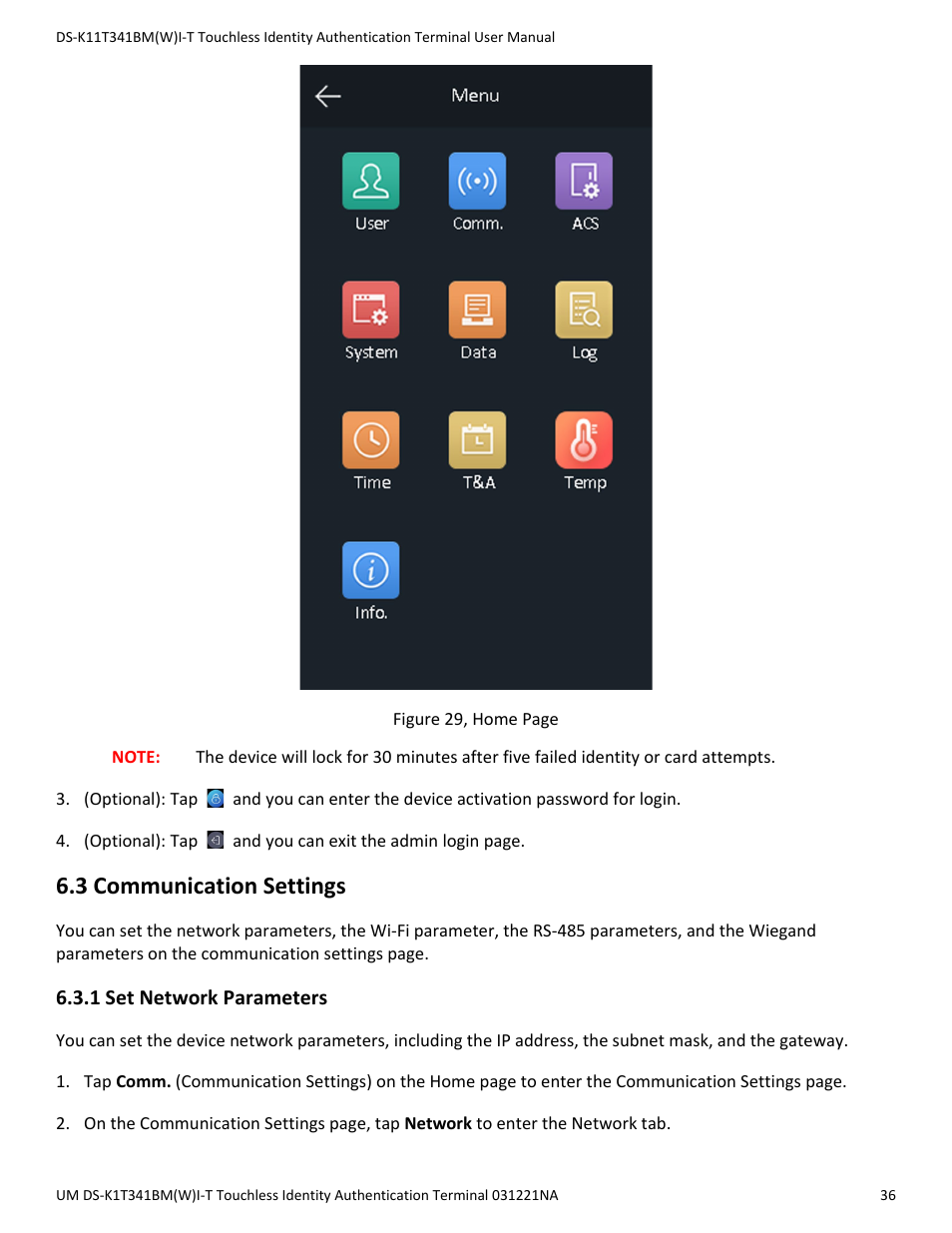 3 communication settings, 1 set network parameters | Hikvision DS-K1T341BMWI-T Touchless Identity Authentication Terminal User Manual | Page 36 / 141