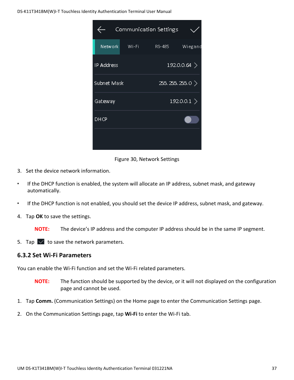 2 set wi-fi parameters | Hikvision DS-K1T341BMWI-T Touchless Identity Authentication Terminal User Manual | Page 37 / 141