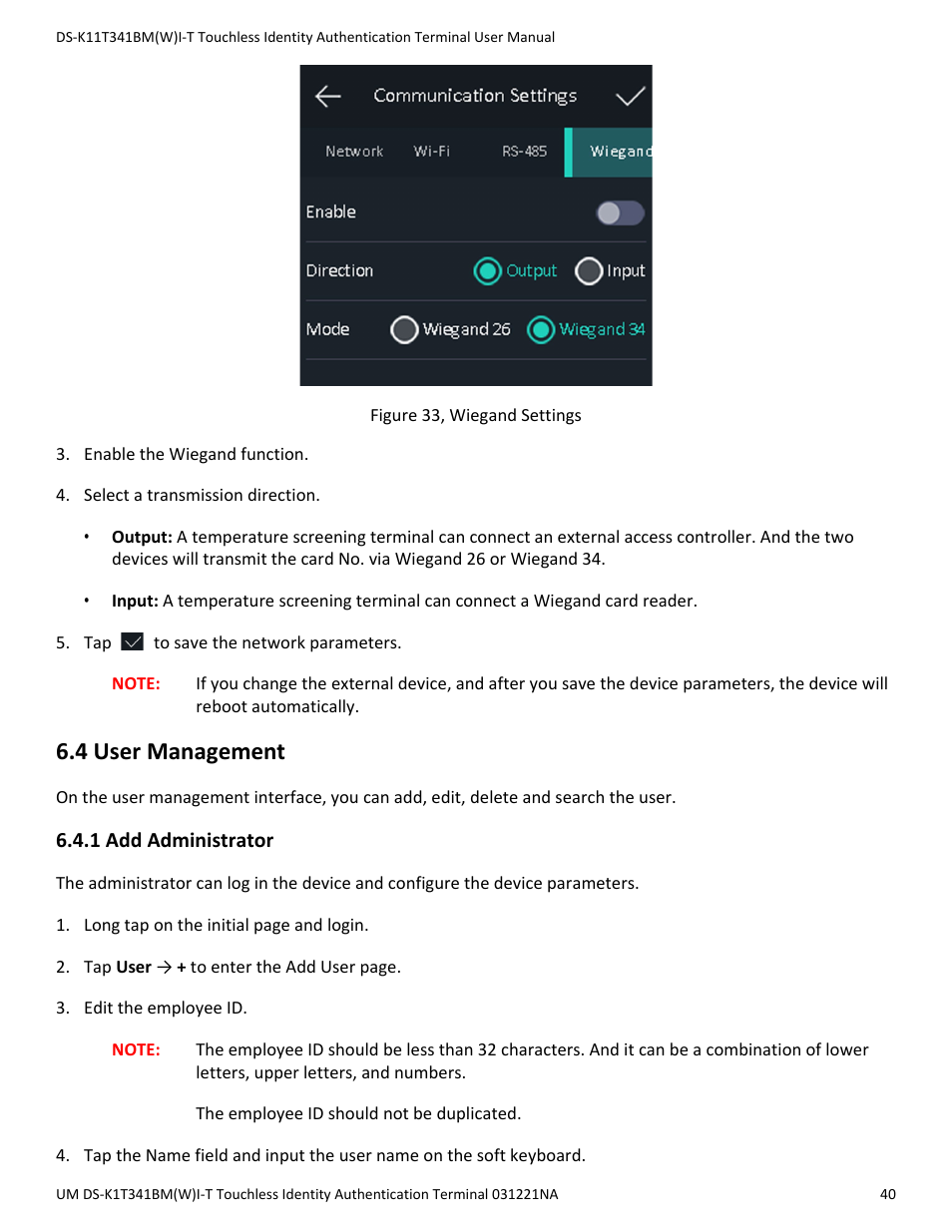4 user management, 1 add administrator | Hikvision DS-K1T341BMWI-T Touchless Identity Authentication Terminal User Manual | Page 40 / 141