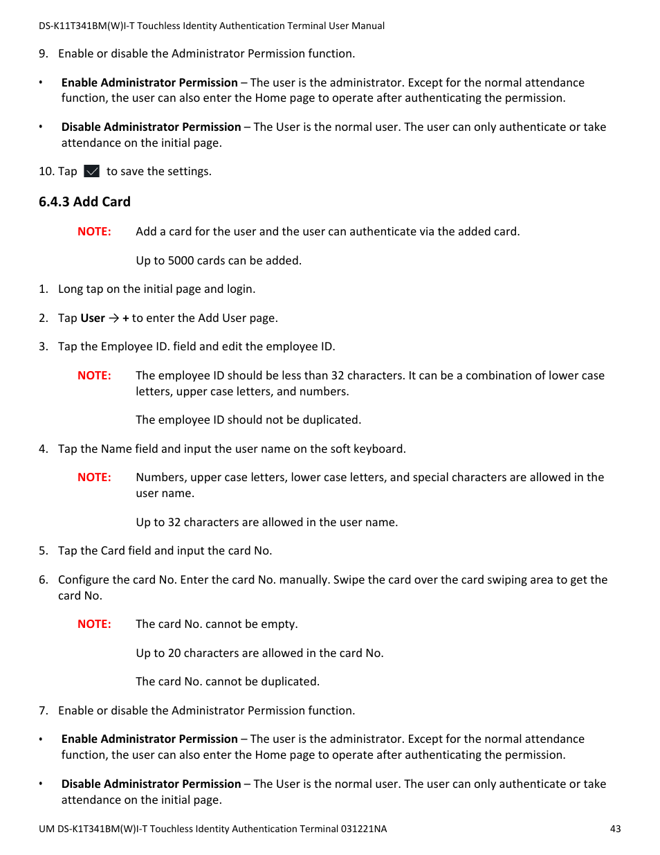 3 add card, Add card | Hikvision DS-K1T341BMWI-T Touchless Identity Authentication Terminal User Manual | Page 43 / 141