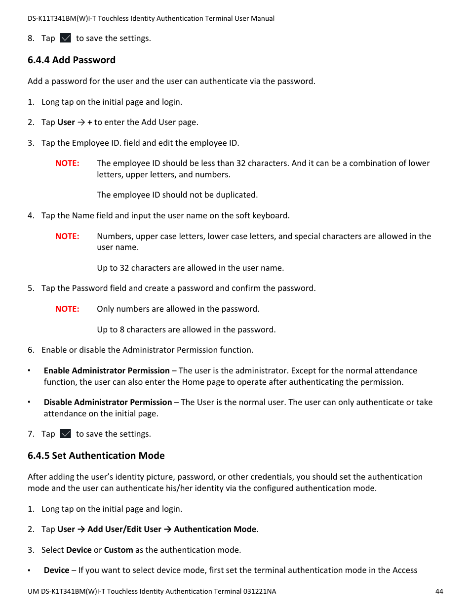 4 add password, 5 set authentication mode, Add password | Set authentication mode | Hikvision DS-K1T341BMWI-T Touchless Identity Authentication Terminal User Manual | Page 44 / 141