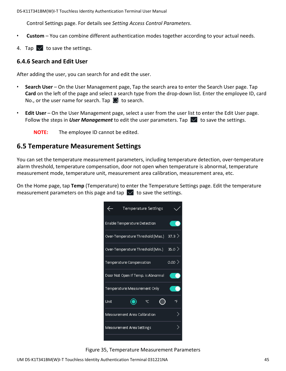 6 search and edit user, 5 temperature measurement settings | Hikvision DS-K1T341BMWI-T Touchless Identity Authentication Terminal User Manual | Page 45 / 141
