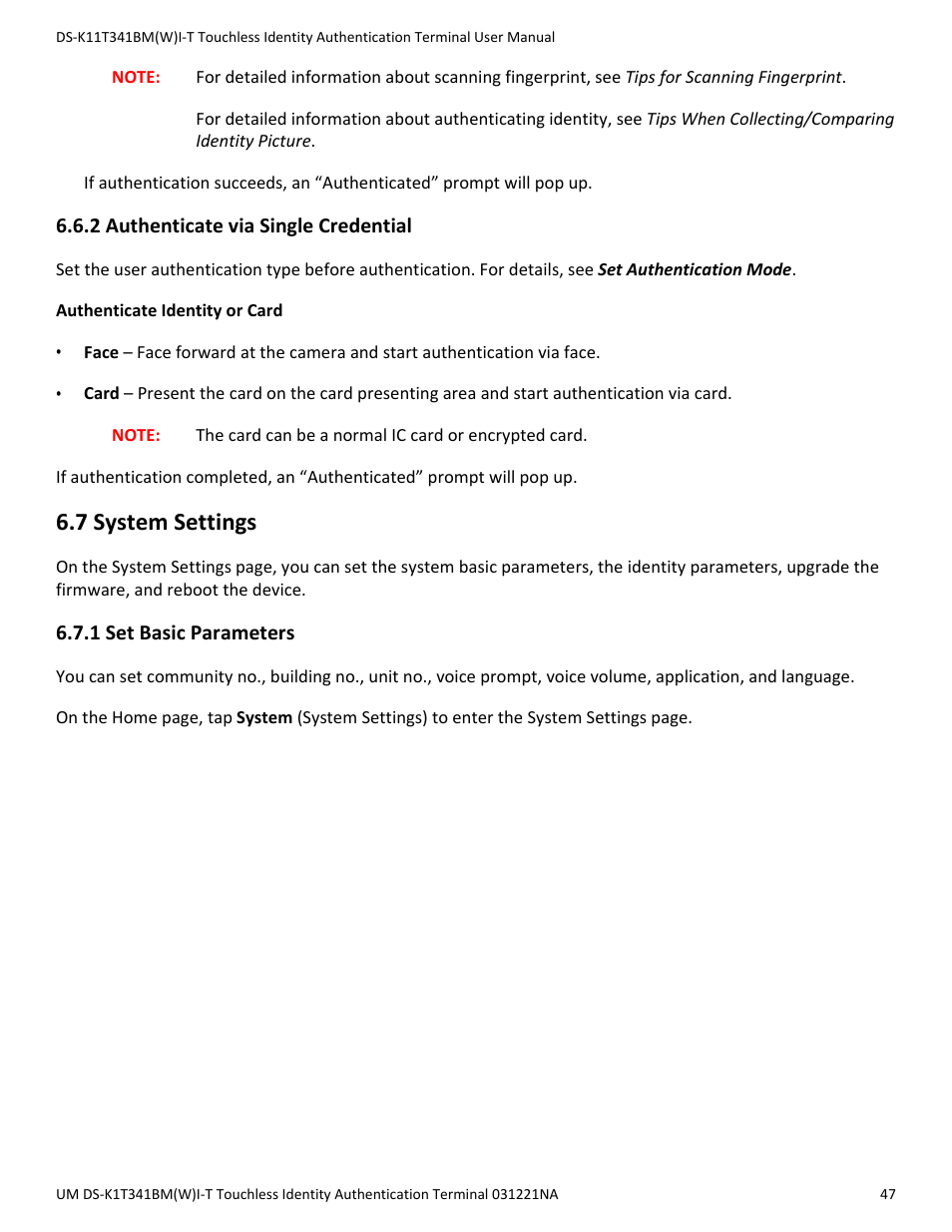 2 authenticate via single credential, 7 system settings, 1 set basic parameters | Hikvision DS-K1T341BMWI-T Touchless Identity Authentication Terminal User Manual | Page 47 / 141