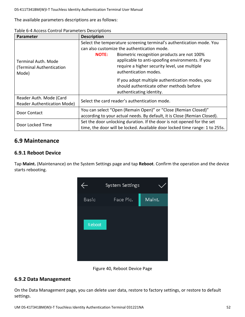 9 maintenance, 1 reboot device, 2 data management | Hikvision DS-K1T341BMWI-T Touchless Identity Authentication Terminal User Manual | Page 52 / 141
