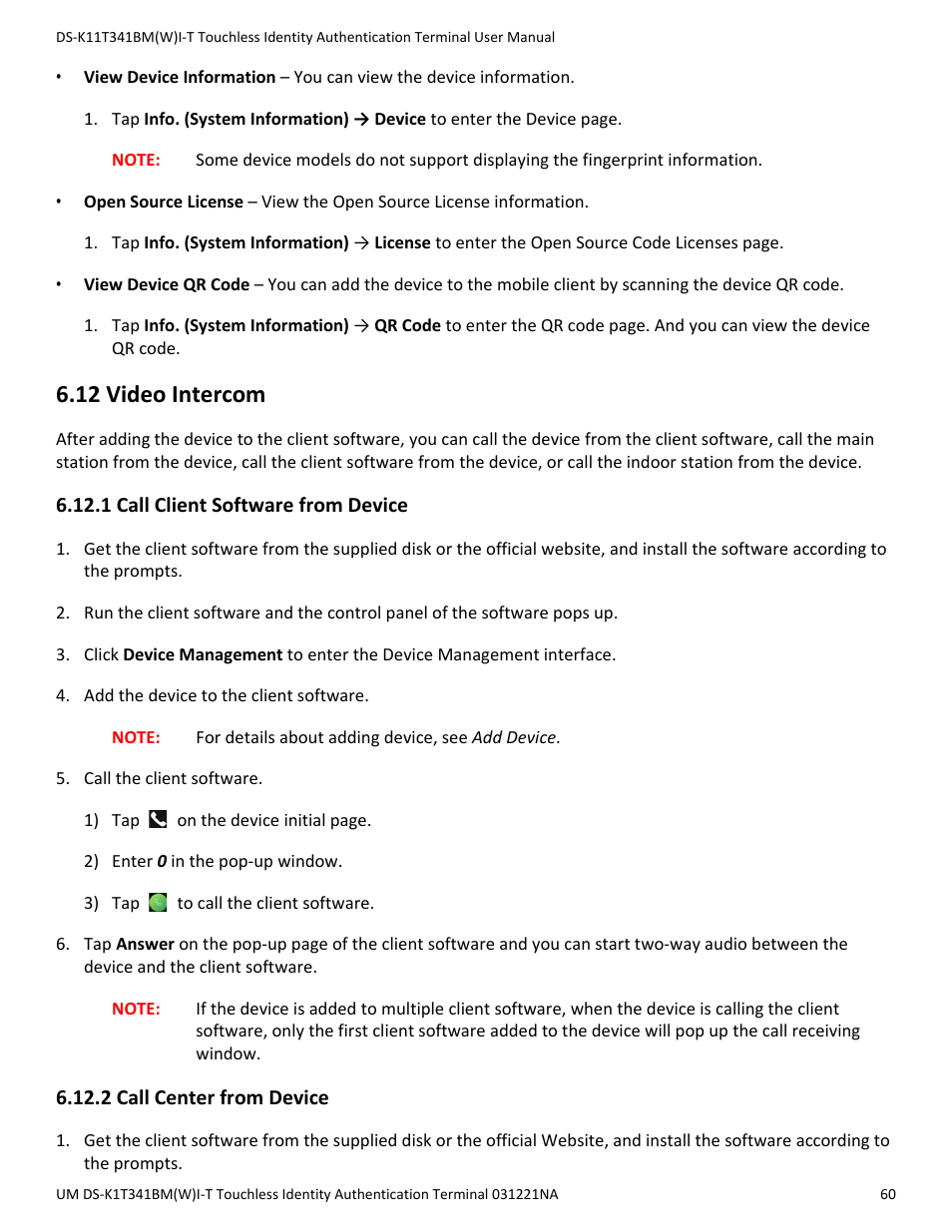 12 video intercom, 1 call client software from device, 2 call center from device | Hikvision DS-K1T341BMWI-T Touchless Identity Authentication Terminal User Manual | Page 60 / 141