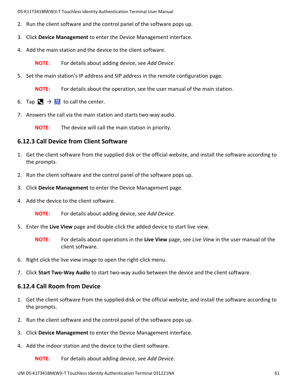 3 call device from client software, 4 call room from device | Hikvision DS-K1T341BMWI-T Touchless Identity Authentication Terminal User Manual | Page 61 / 141